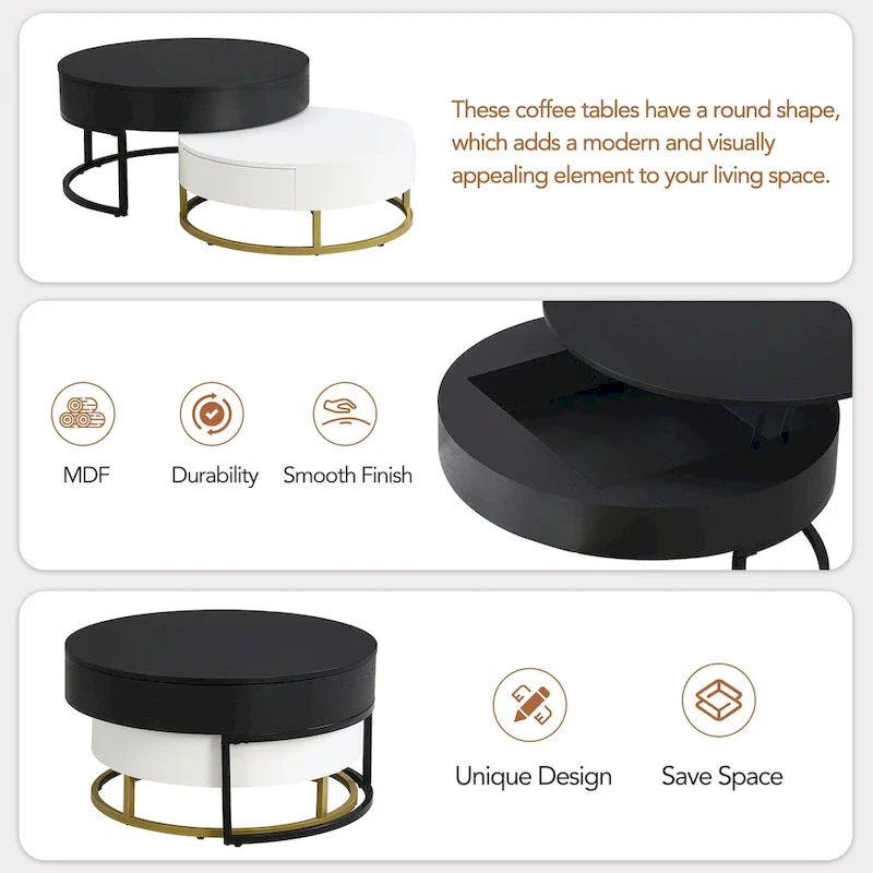 Modern Round Lift-Top Nesting Coffee Tables with 2 Drawers, Hydraulic Mechanism, MDF, White & Black