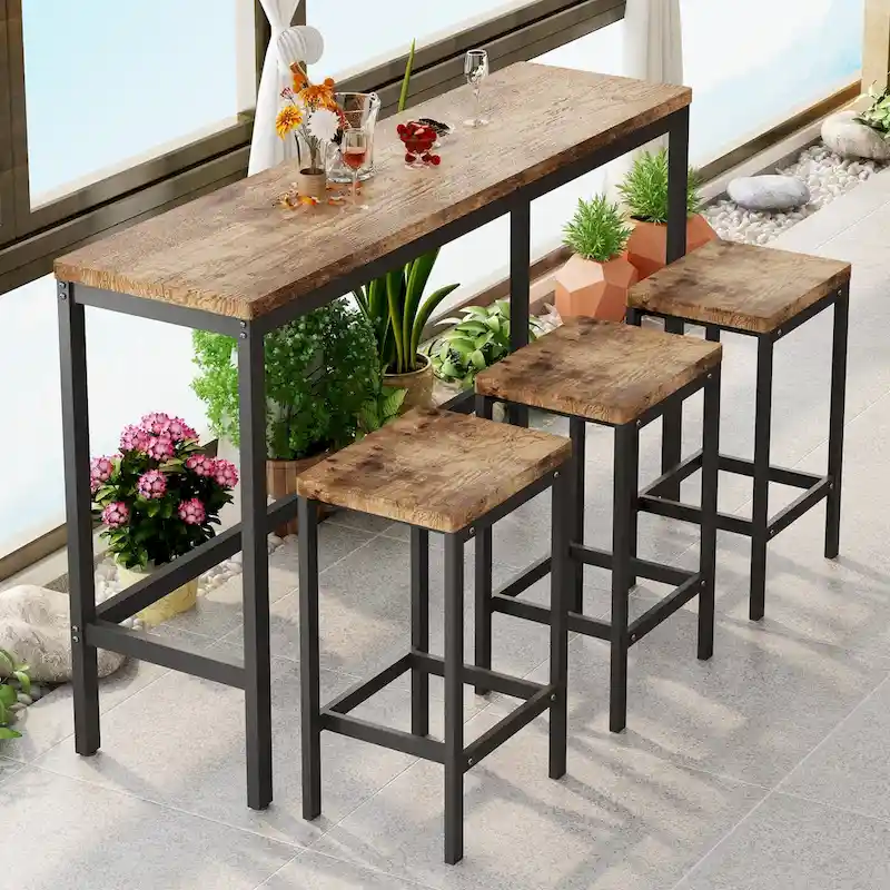 Modern Design Kitchen Dining Table, Pub Table, Long Dining Table Set with 3 Stools, Easy Assembly