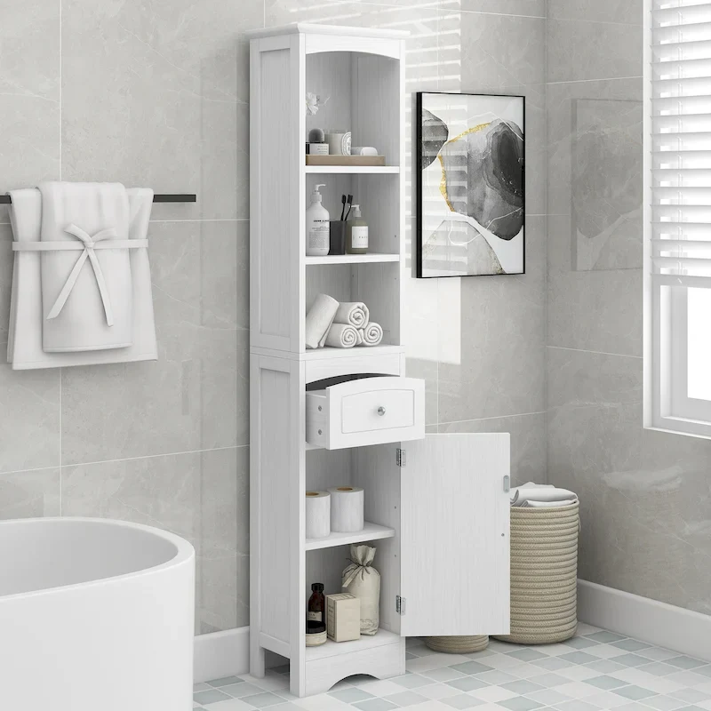 Slim Bathroom Storage Cabinet with Adjustable Shelf, Drawer and Door – White / Painted Finish, for 1 Person