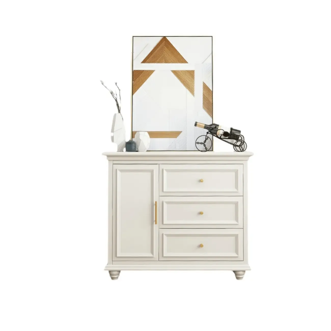 White Wooden Sideboard with 3 Drawers and Cabinets