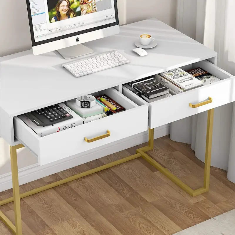 Small Desk with 2 Drawers, MDF Top & Gold Metal Frame, 39.37