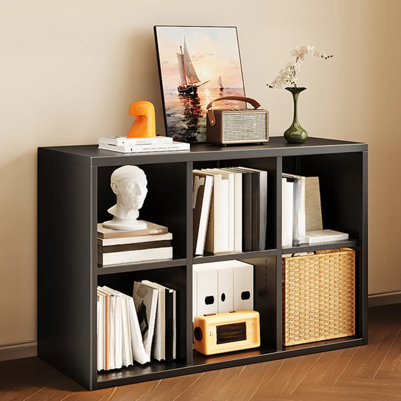 Modern Steel Cube Bookcase with Fabric Bins