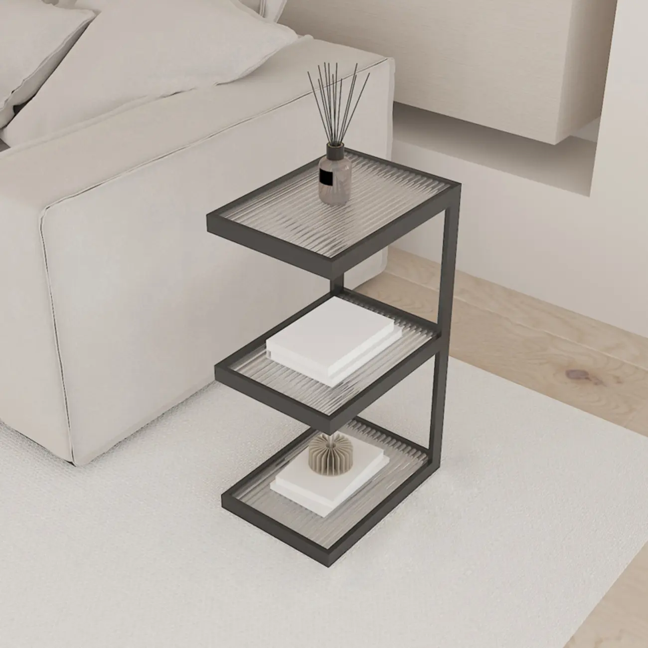 Extra Tall Simple Glass Top and Steel 3 Shelves Nightstand