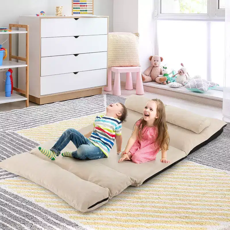 Convertible Lazy Sofa Bed with 42-Level Adjustable Backrest & 2 Lumbar Pillows Gray/Beige