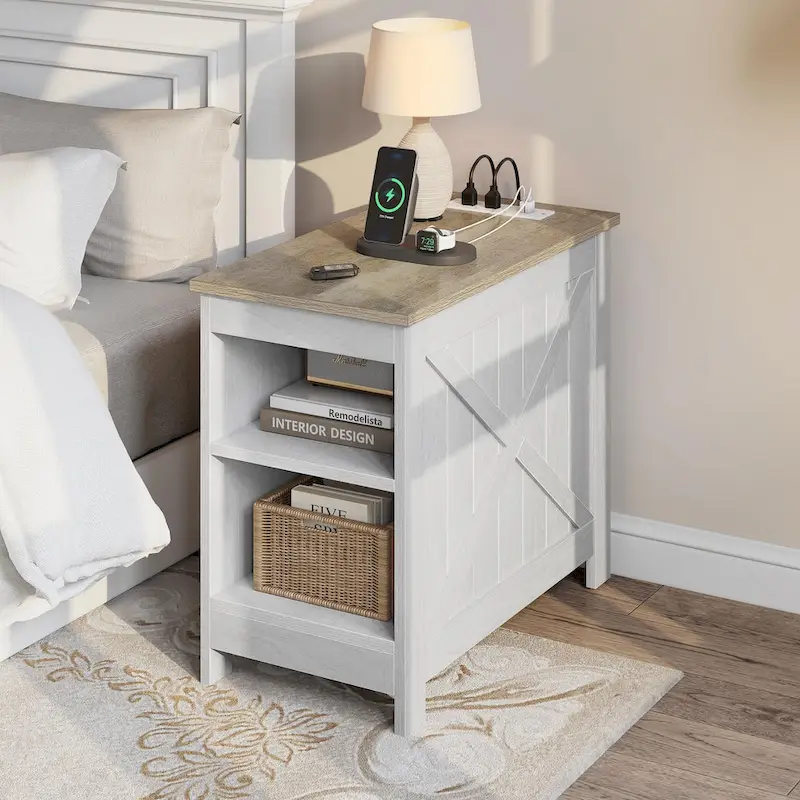 Moasis End Table with Charging Station, Side Table with Storage, 2 Power outlets & 2 USB Ports for Living Room