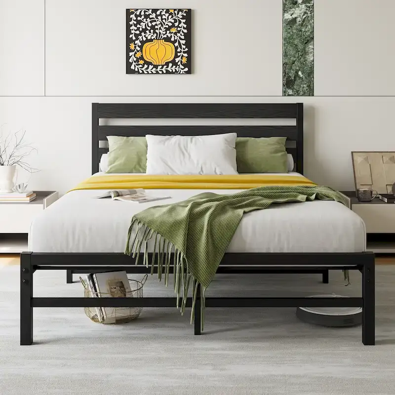 Modern Platform Bed Frame with Rustic Vintage Wood Headboard,No Box Spring Needed