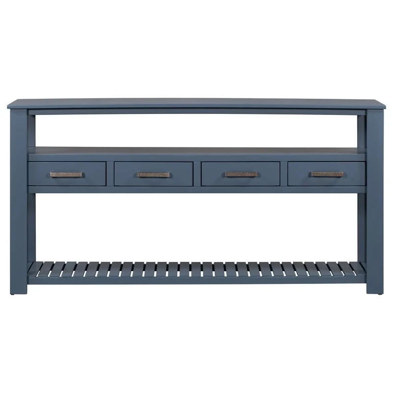 62-Inch Farmhouse Console Table with 4 Drawers, 2 Shelves, MDF Pine Wood for Entryway Living Room