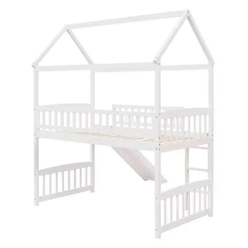 Twin House Loft Bed with Slide, Wood Playhouse Loft Bed Frame with Ladder and Roof