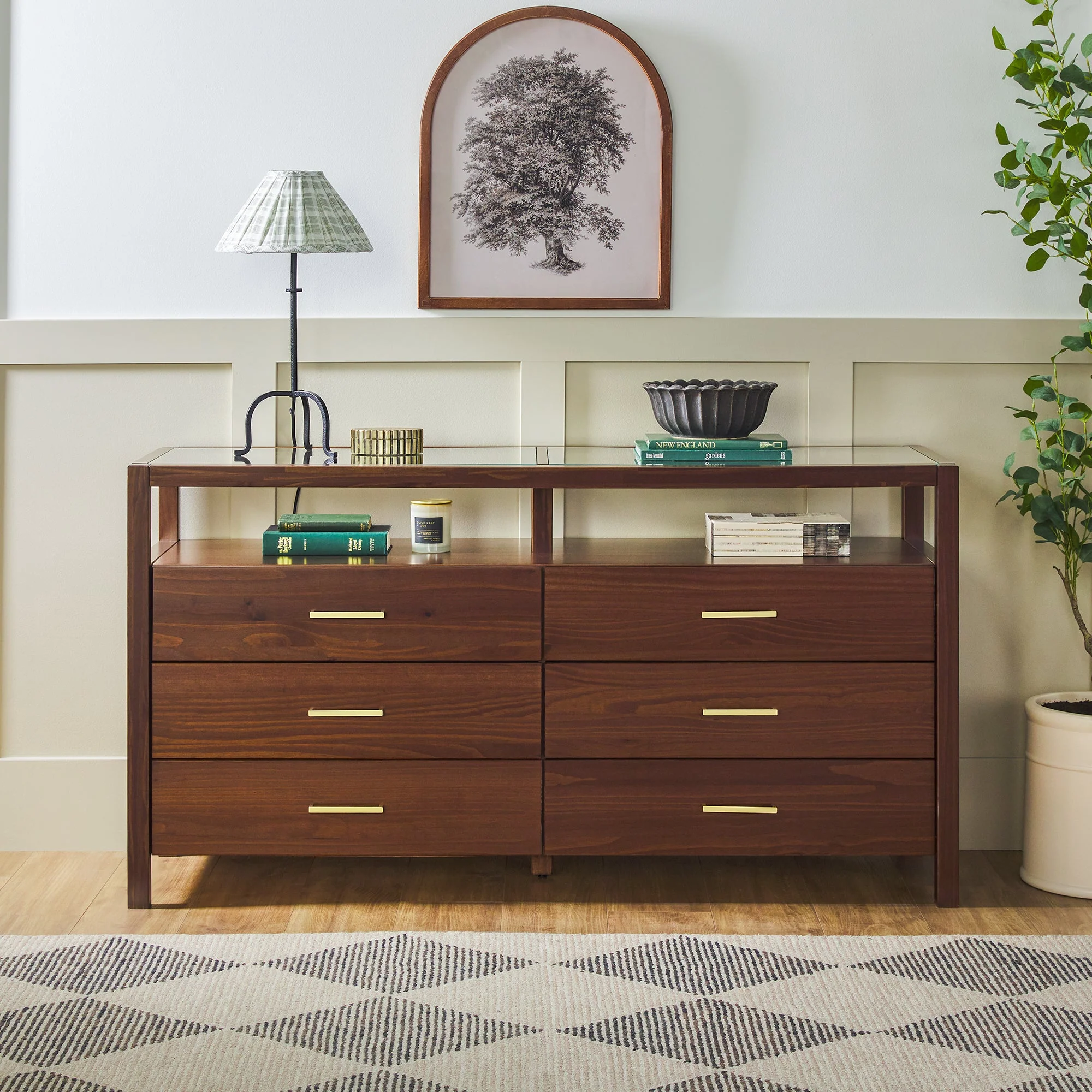 Isla Modern Easy Assembly Solid Wood 6-Drawer Dresser with Glass Top