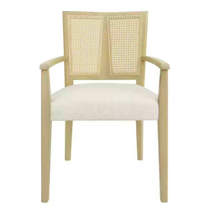 Beige/Dark Brown Upholstered Dining Arm Chairs with Rattan Back, Set of 2