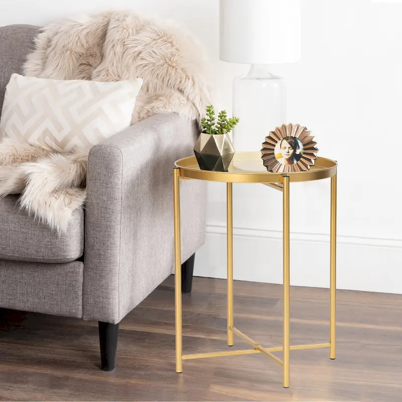 Adeco Gold End Table Metal Waterproof Snack Beside Table Accent Coffee Table - 16.9(D)x 16.9(W)x 20.5(H)