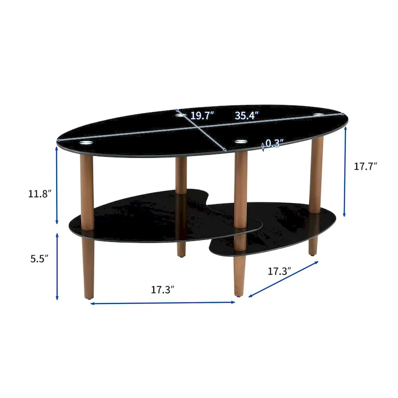 Oval glass coffee table, Transparent coffee table, modern table in living room with Oak wood legs, tea table