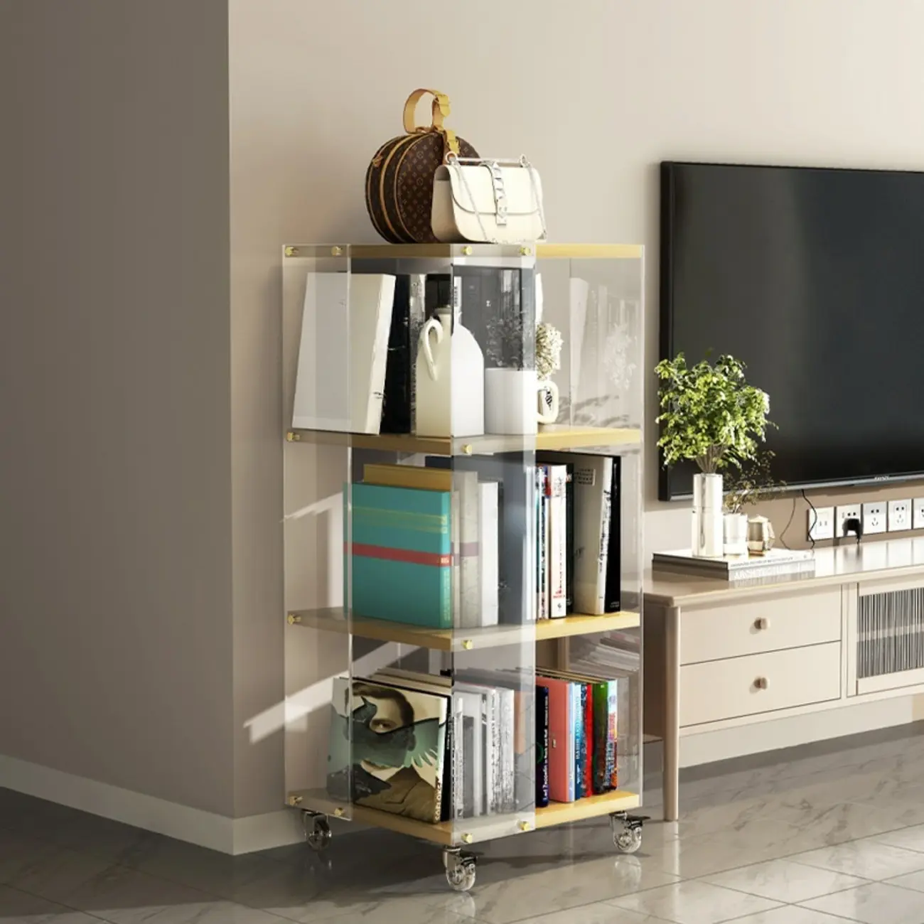 Acrylic 4-Tier Narrow Open Back Bookcase with Wheels