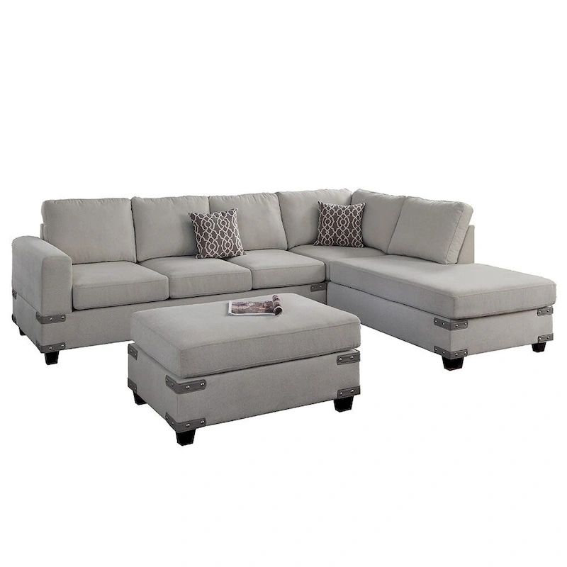 Poundex 3 Piece Fabric Sectional Sofa Set with Ottoman