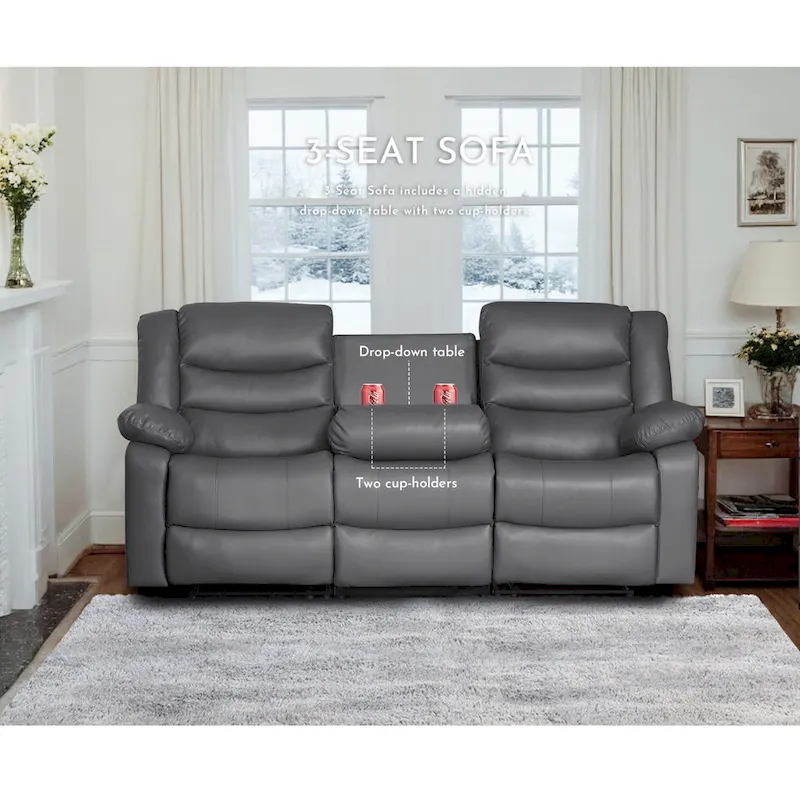 3 Piece Faux Leather Manual Reclining Livingroom Sofa Set with Dropdown Table and Console