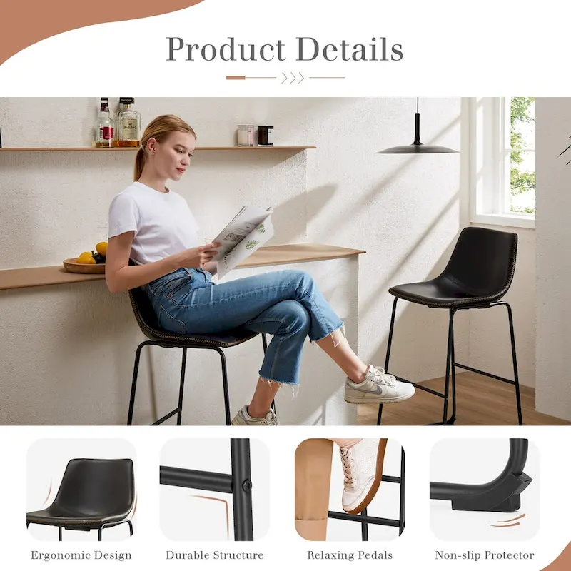 Counter Height Bar Stools Set of 2 with Faux Leather Seat