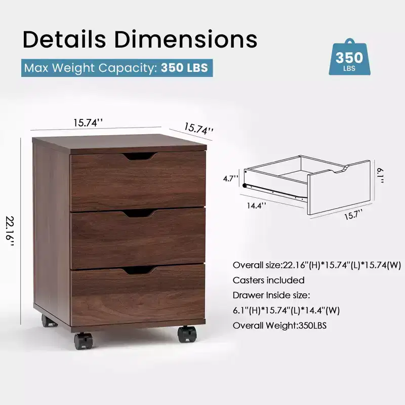 PexFix 3 Drawer Vertical File Cabinet Rolling Wooden Mobile Under Desk with Casters for Home Office