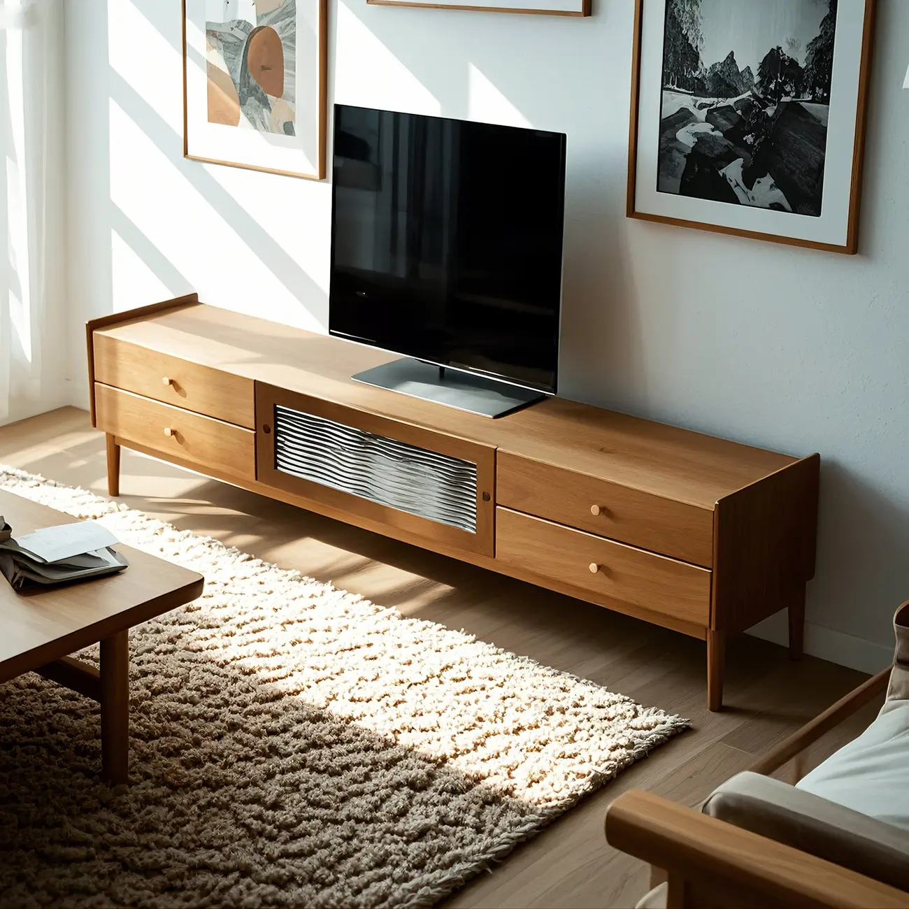 87 Living Room Walnut Wood TV Stand with Adjustable Shelves