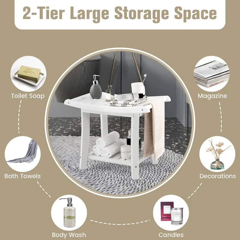 2-Tier Shower Bench with Storage Shelf – Brown / White, HDPE, Single