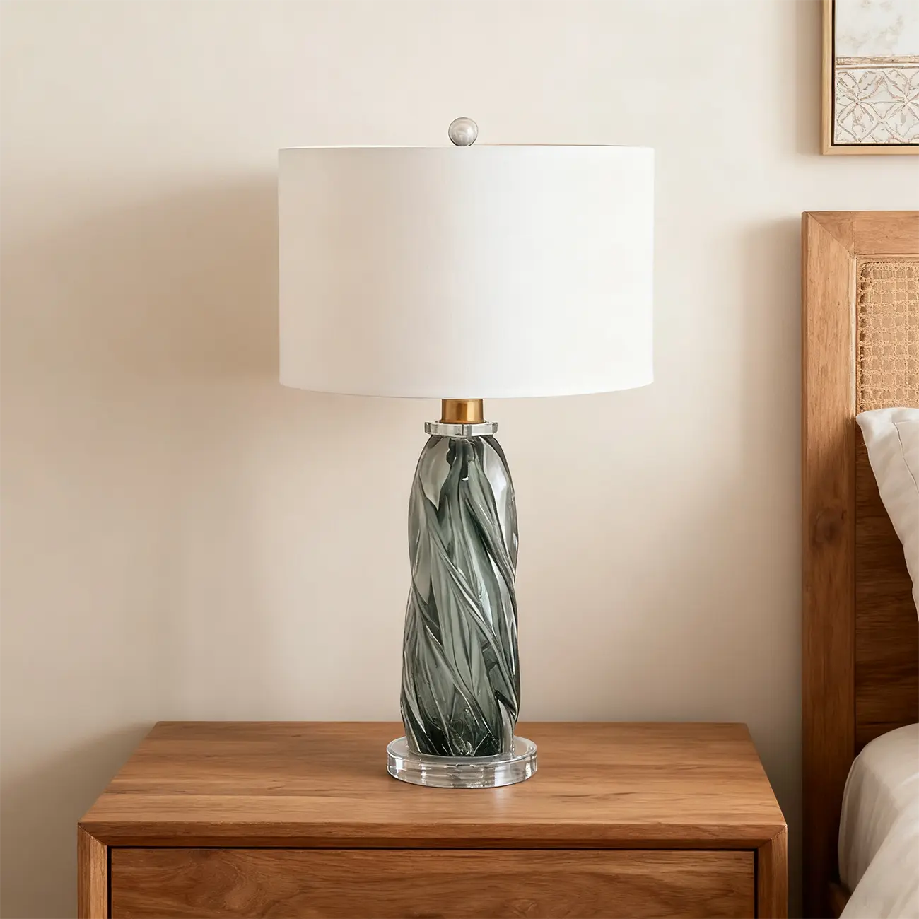 Modern Green Twisted Glass Table Lamp with Fabric Shade