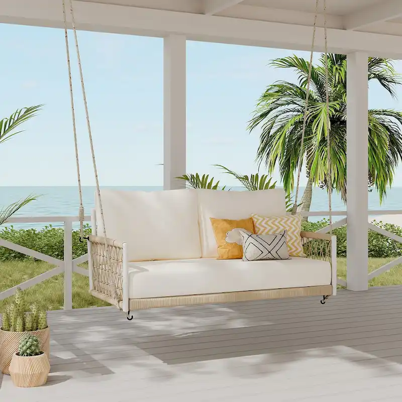 1-Piece Woven Rope Outdoor Swing Sofa with Soft Cushions Seating 2 for Patio, Courtyard and Balcony