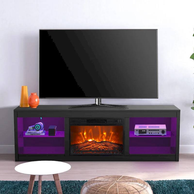 66 Modern Black Electric Fireplace TV Stands Console for 75-inch TV with Remote - 66 in console width