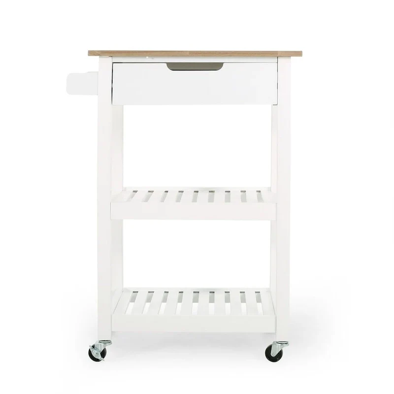 Compact Wooden Kitchen Cart with Wheels Shelves and Drawer