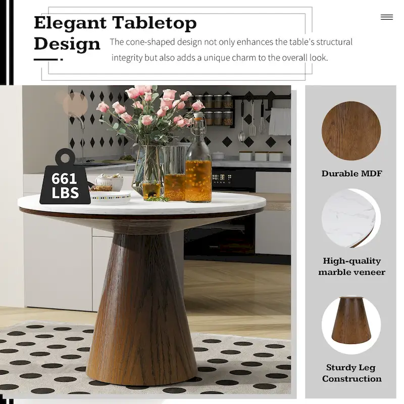 45-Inch Round Dining Table - Marble Top - Seats 4