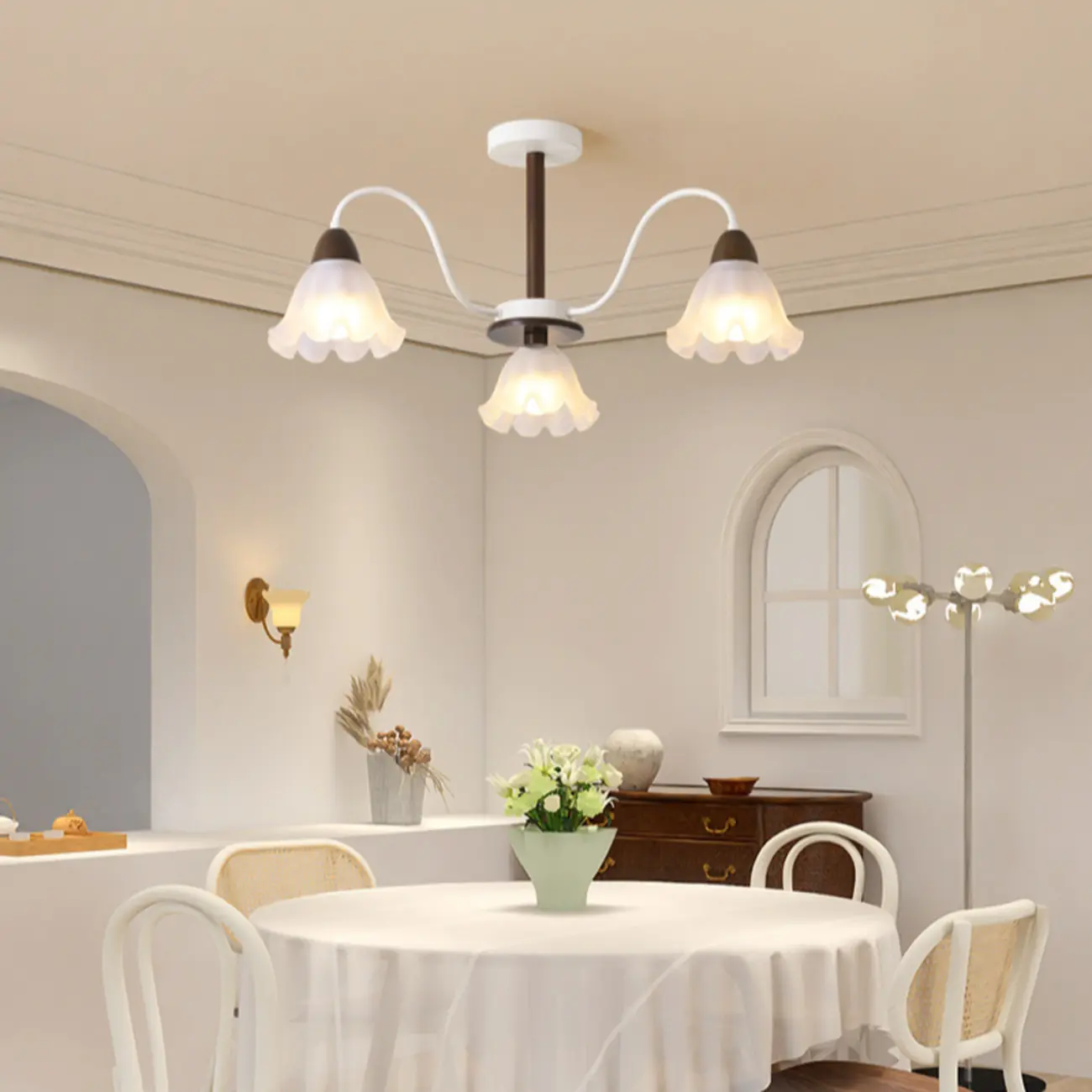 Elegant Down Floral Glass Shade Wood Semi Flush Ceiling Light