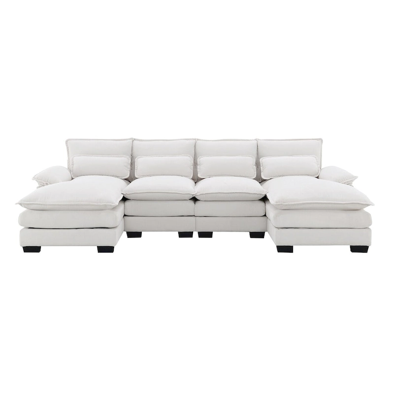 6-seat Upholstered Modern U-shaped Sectional Sofa with Waist Pillows,Sleeper Sofa Couch with Chaise Lounge,White