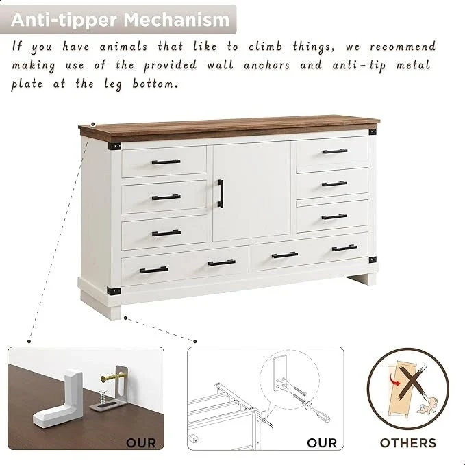 Farmhouse 8 Drawer Dresser, Wood Long Chest of Drawers, Closet Dresser