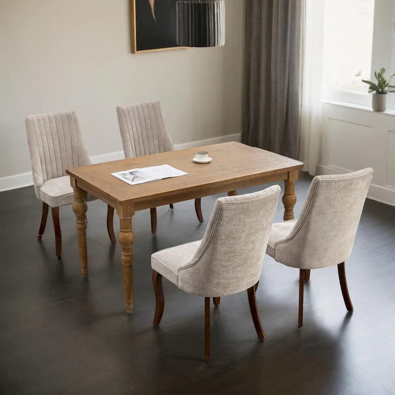 Rayon Cloth Flocking Linen Dining Chairs Channel Kitchen Dinner Upholstered Accent Chair Curved Solid Wood Legs,Set of 2