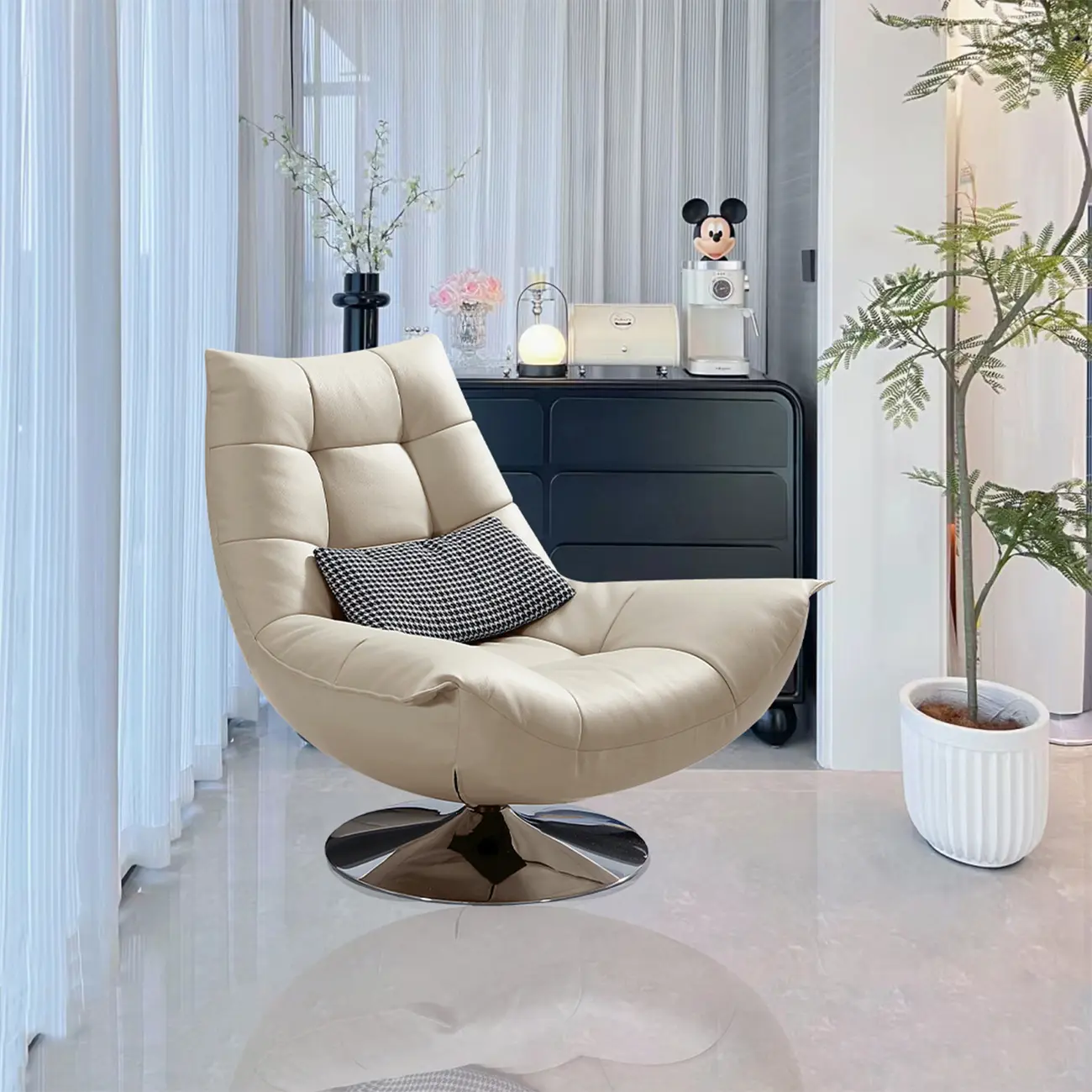 Black Swivel Tufted Leather Accent Chair Pillow Included