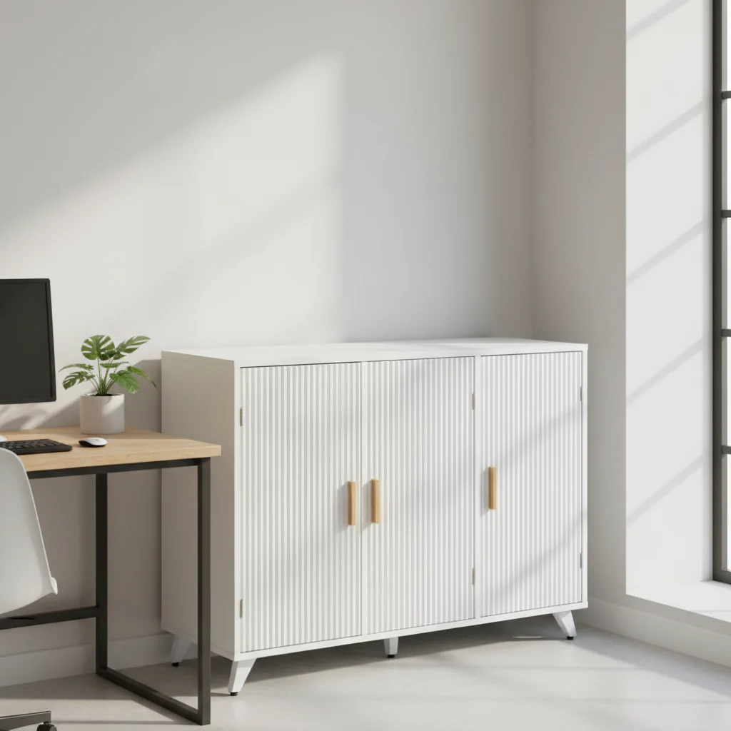 Sideboard with wavy texture buffet cabinet,white accent cabinet with door, modern bookcase for kitchen living room, entrance way