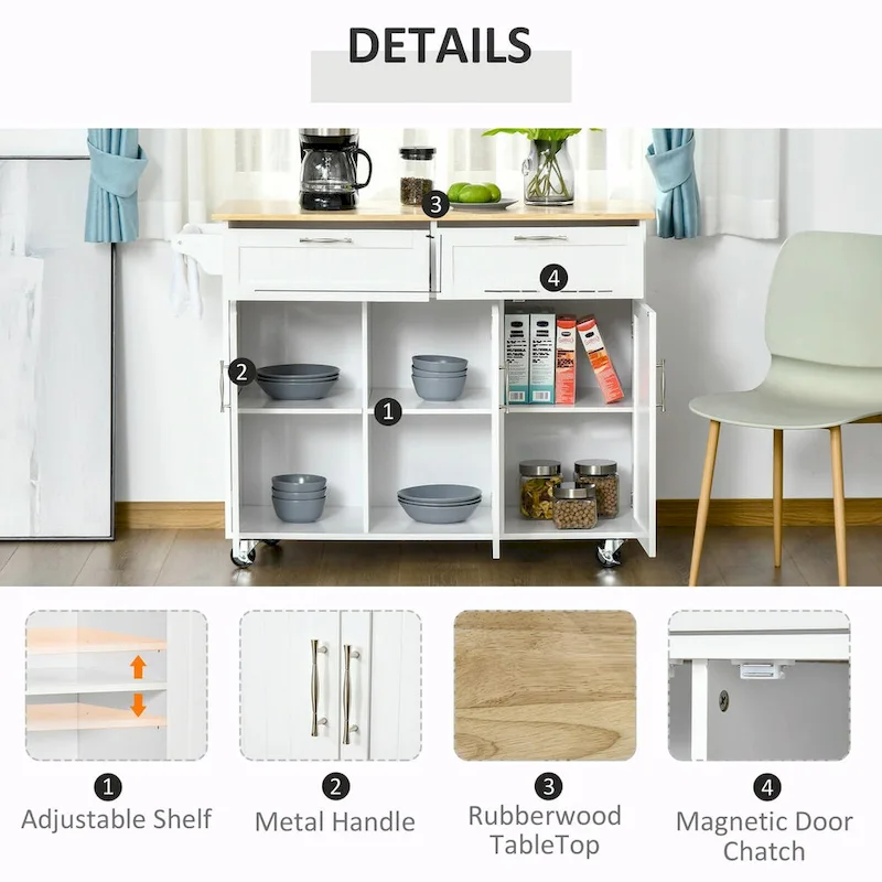 Mobile Kitchen Island with Wood Top, Drawers, Cabinets, Adjustable Shelves, and Towel Rack