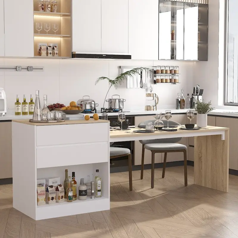 Kitchen Table 94.5 White/Wood Island for Breakfast, Bar, and Work