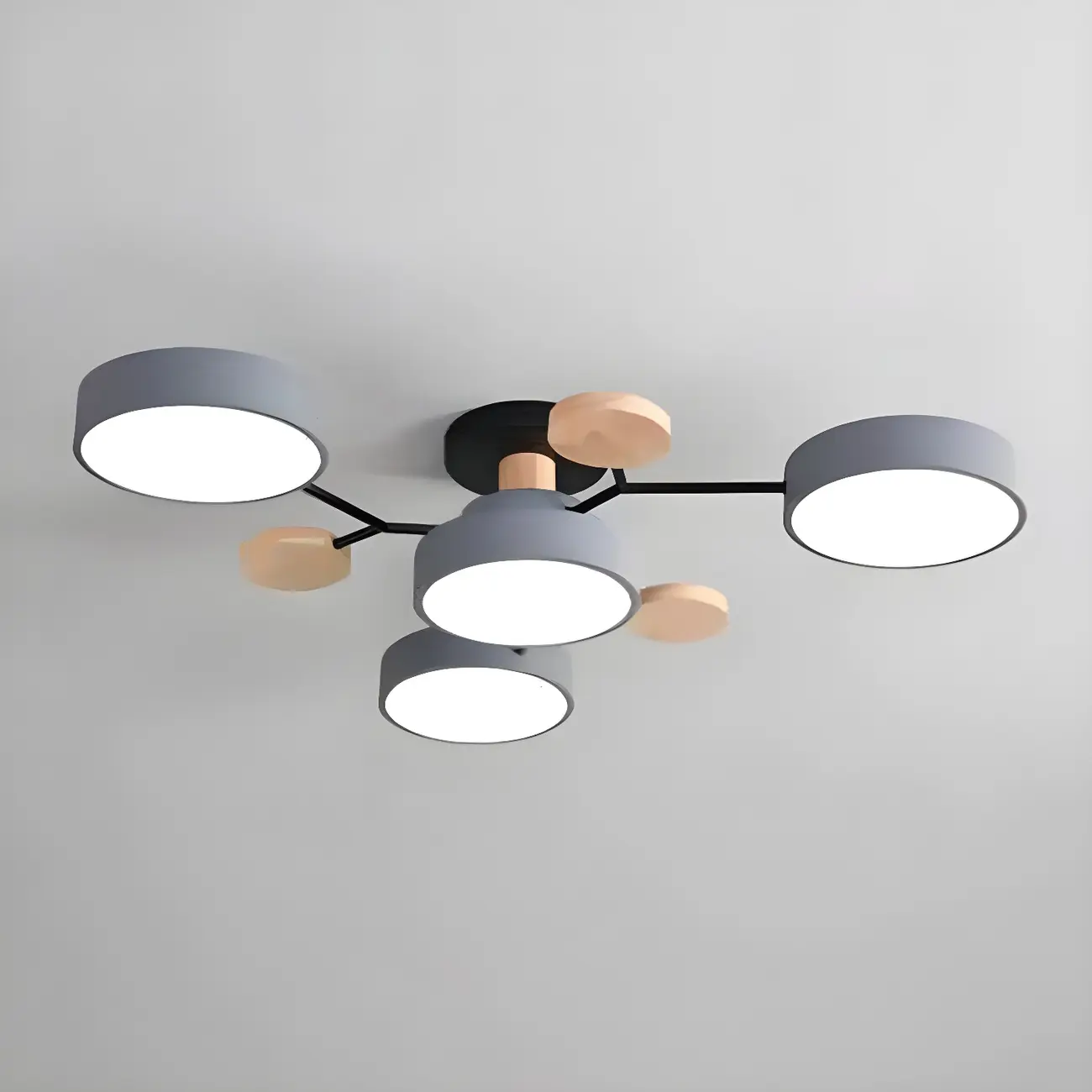 Large Gray Round Metal Semi-Flush Ceiling Light, 7-Light