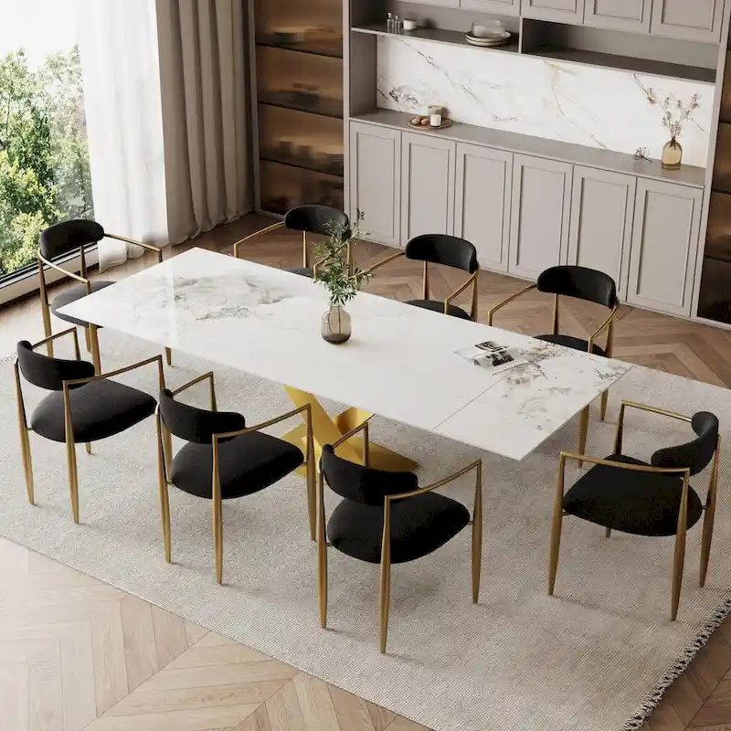 9 - Piece 94.48 Modern Minimalist Extendable Sintered Stone Top Dining Set with 8 Fabric Chair