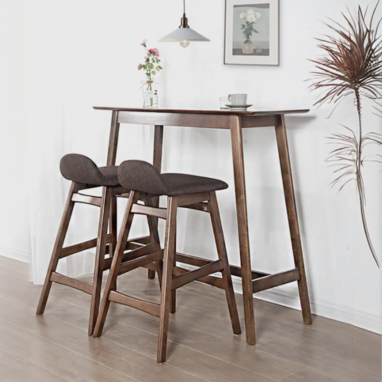 Scandinavian Brown Wooden Rubberwood Footrest Bar Tables