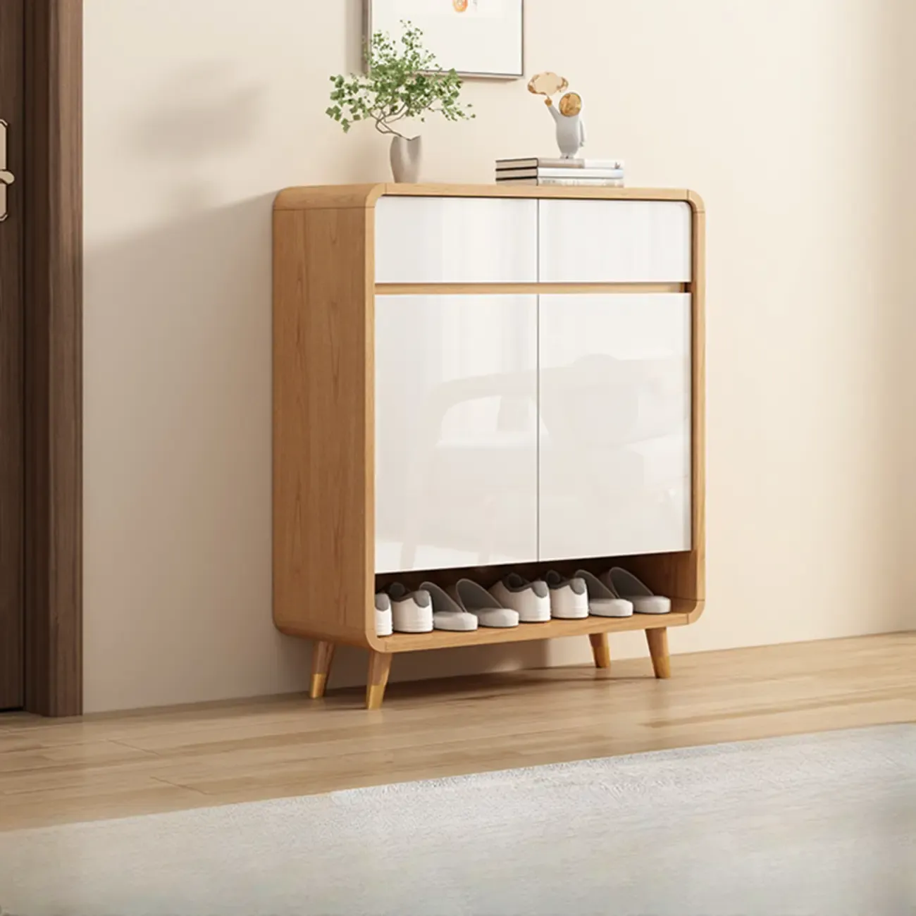 Modern Manufactured White Wood Shoe Cabinet
