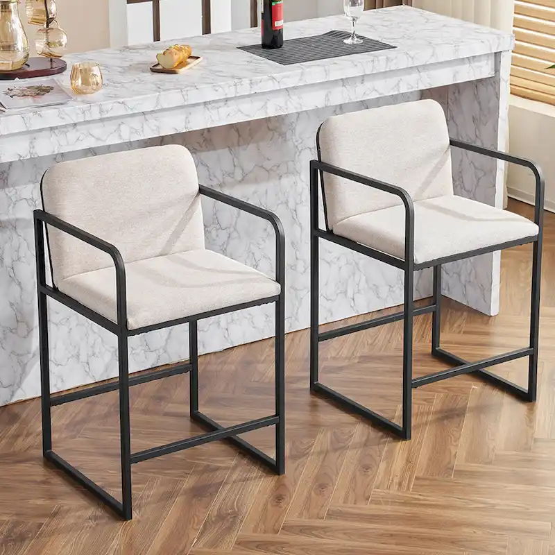 Set of 2,Modern Upholstered Counter Height Bar Stool with Armrests, Metal Frame and Padded Seat