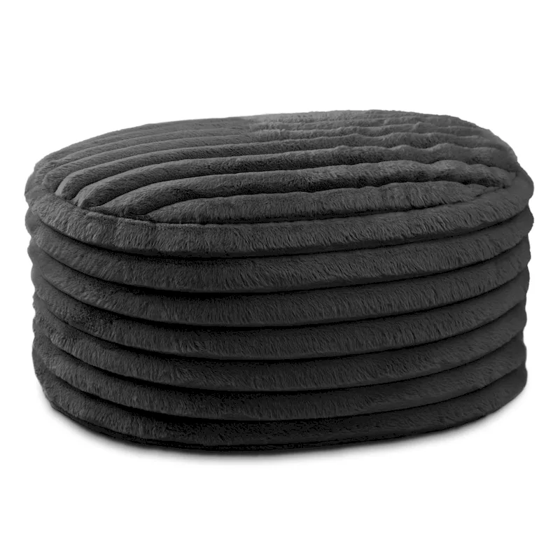 Large Ribbed Faux Fur Plush Pouf Ottoman - 35 - Black