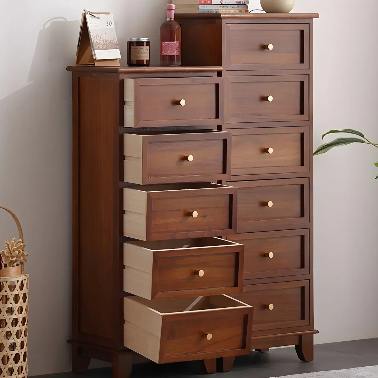 Industrial Rectangular Brown Wooden Drawer Cabinet