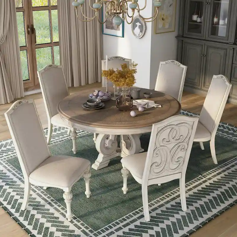 Caelum Farmhouse White Fabric Upholstered 7-Piece Round Dining Set By The Gray Barn