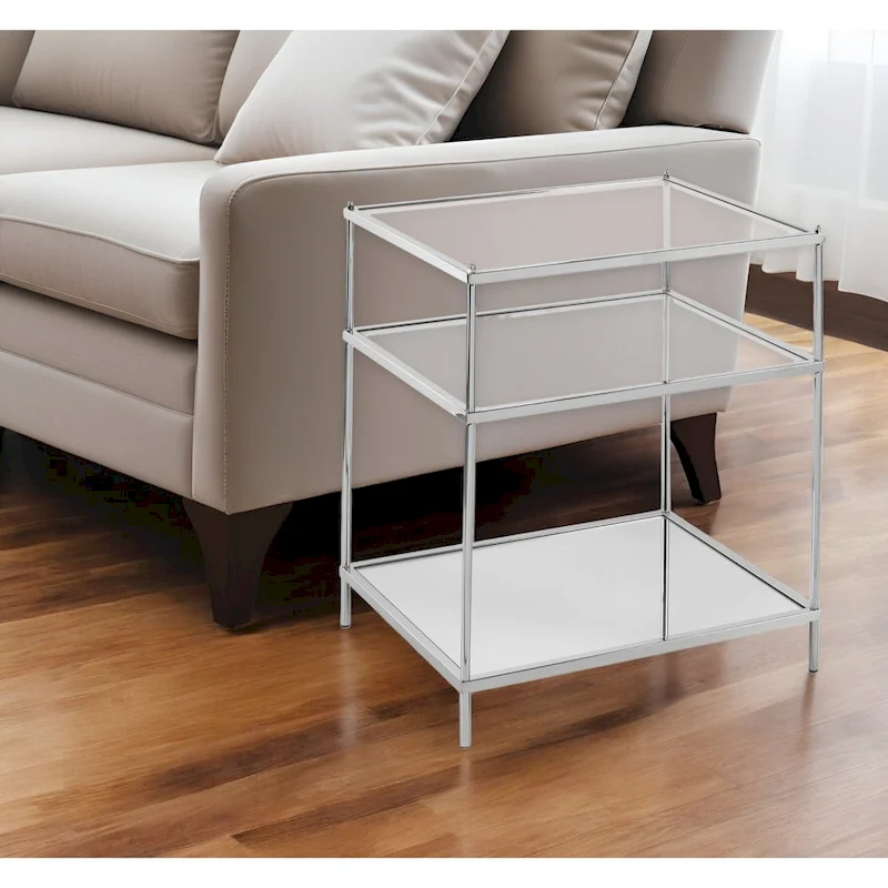 HomeRoots 27 Silver Mirrored Glass And Iron End Table With Shelf - 22x18x26.75