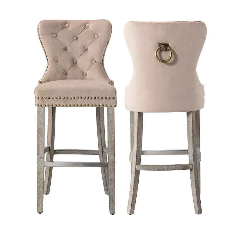 Carter 29  Wingback Tufted Nailhead Bar Stool (Set of 2), Antique Grey Legs