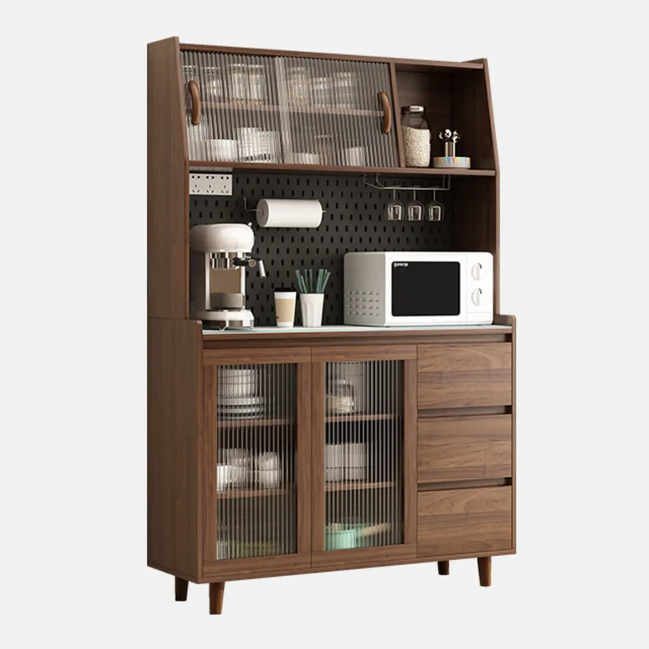 Wide Brown Wooden Pegboard Back Sideboard with Hutch