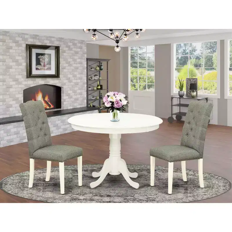 3-Piece Linen White Finish Solid Wood Top-Round Dining Room Set-Seats 4