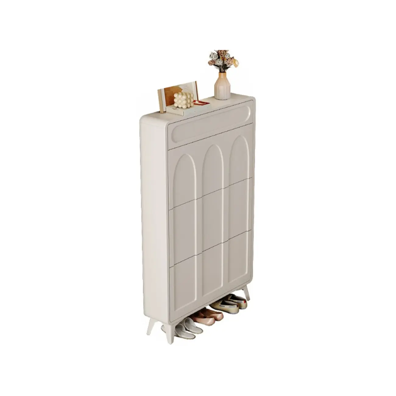 Vertical Slim White Wooden Drop Front Shoe Cabinet