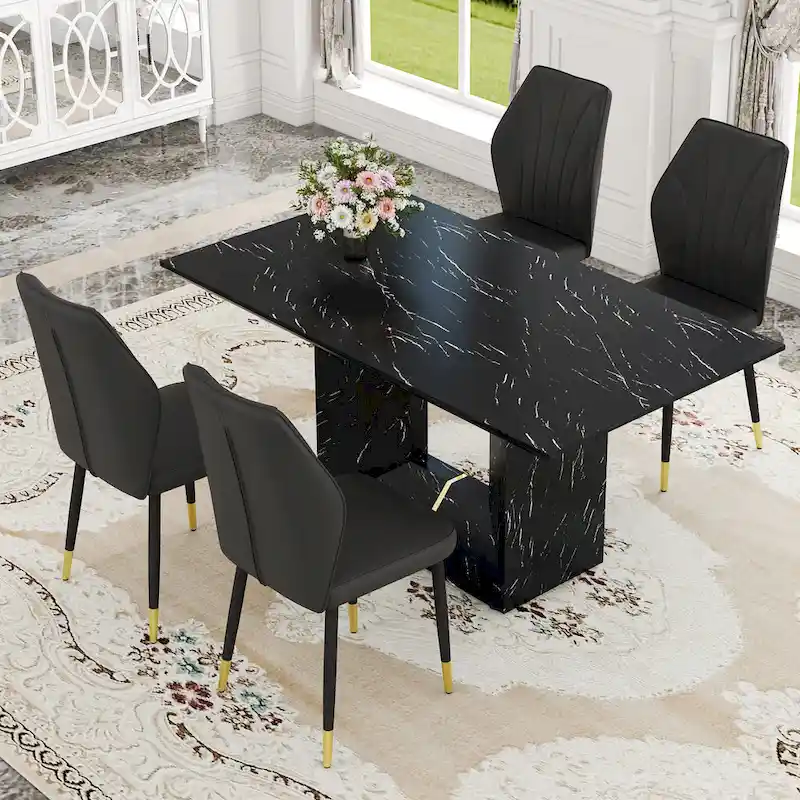 Black Marble Pattern Dining Set - 5 Piece with 4 PU Chairs (63